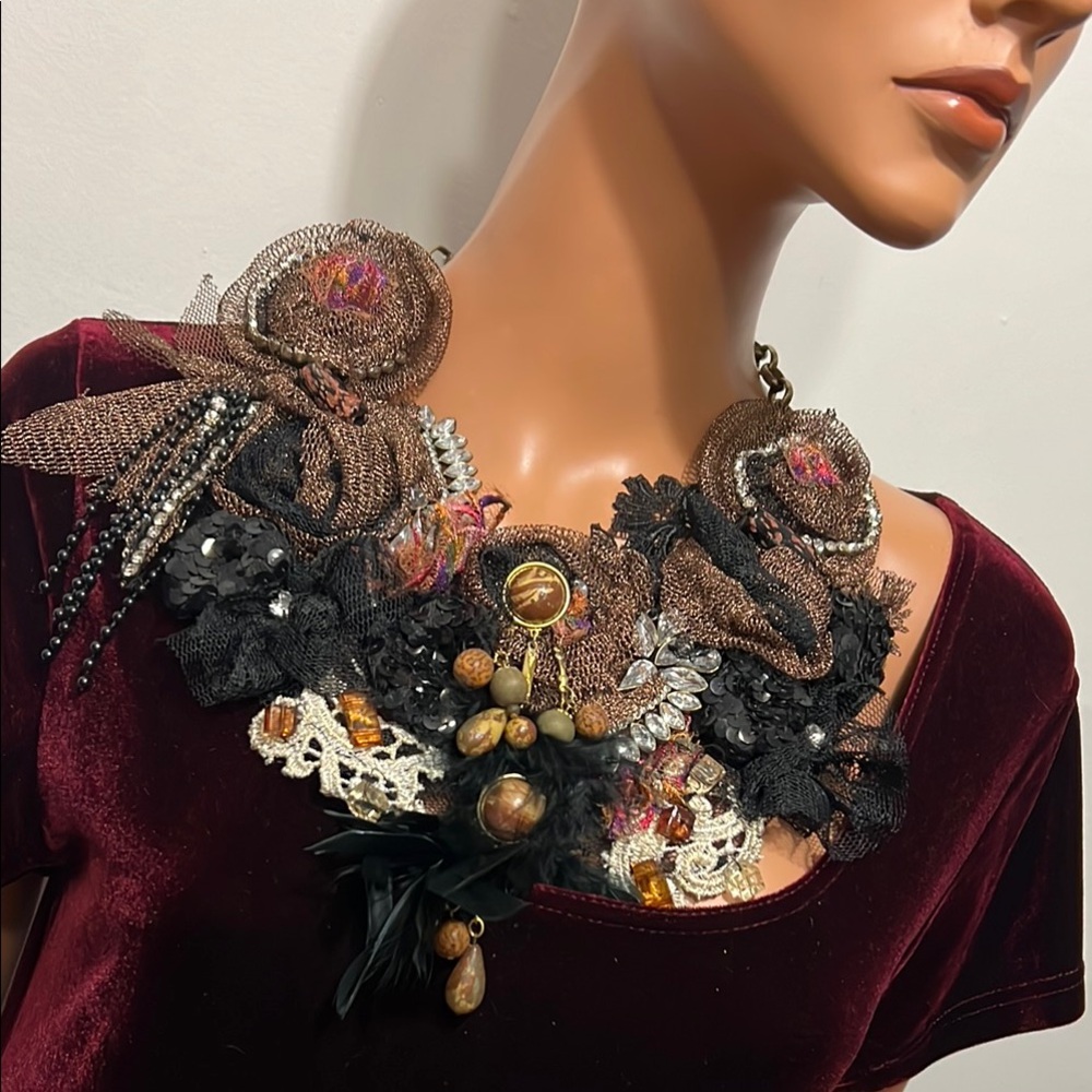 Artistic Black and Gold Floral Necklace Wearable Art Limited Edition